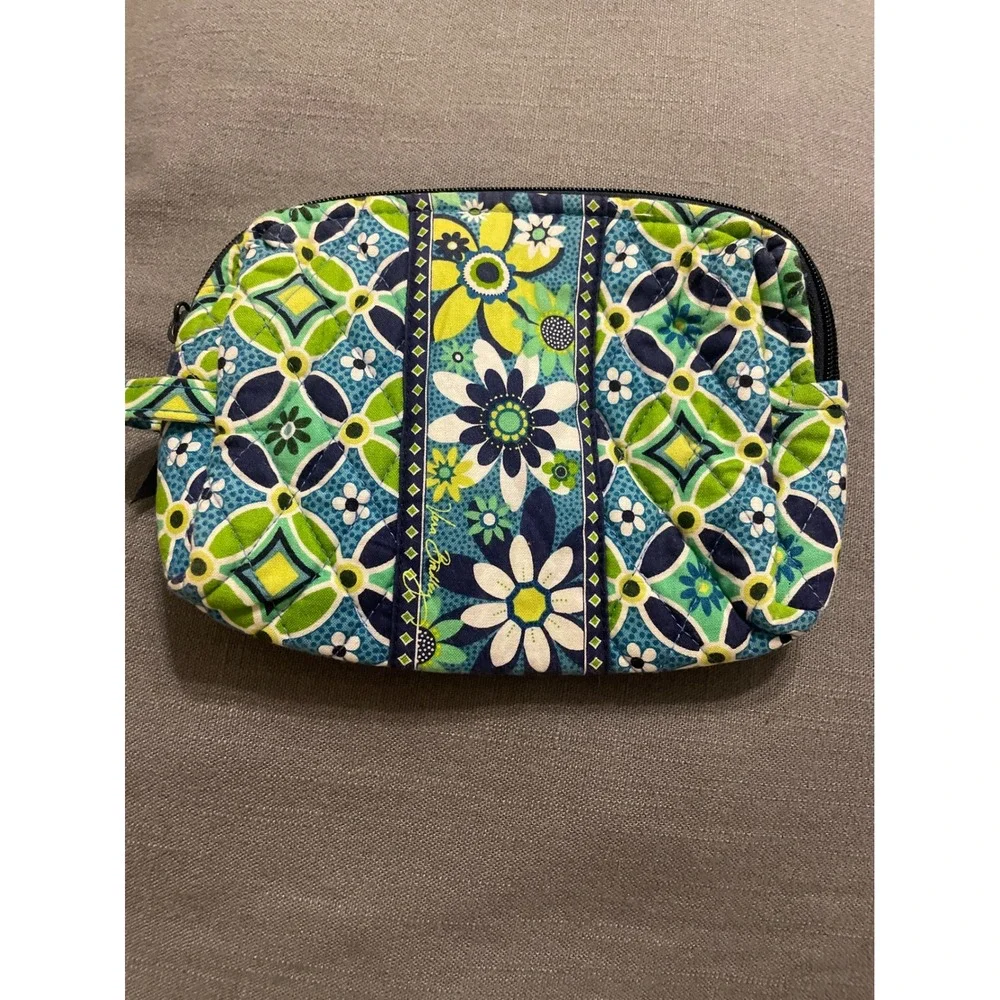 Vera Bradley Quilted Cotton Bag Green Blue Floral Geometric Makeup Pouch